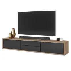 Mobile TV soggiorno sospeso 180x32h cm 2 ante a ribalta 2 cassetti antracite rovere Glem