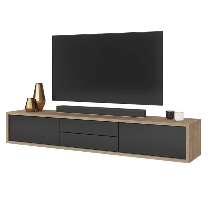 Mobile TV soggiorno sospeso 180x32h cm 2 ante a ribalta 2 cassetti antracite rovere Glem