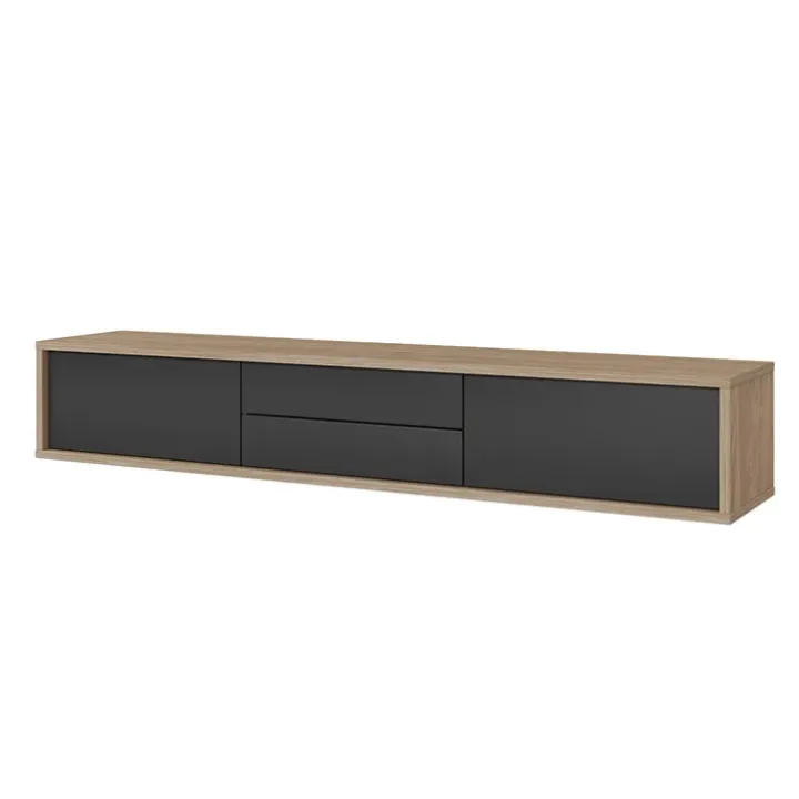 Mobile TV soggiorno sospeso 180x32h cm 2 ante a ribalta 2 cassetti antracite rovere Glem