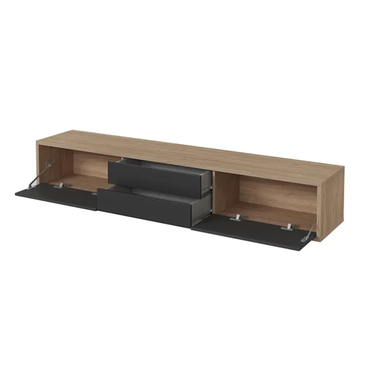 Mobile TV soggiorno sospeso 180x32h cm 2 ante a ribalta 2 cassetti antracite rovere Glem