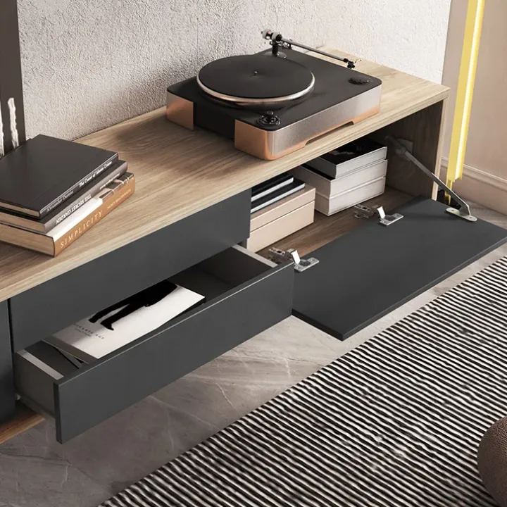 Mobile TV soggiorno sospeso 180x32h cm 2 ante a ribalta 2 cassetti antracite rovere Glem