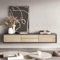Mobile TV soggiorno sospeso 180x32h cm 2 ante a ribalta 2 cassetti rovere grigio Glem