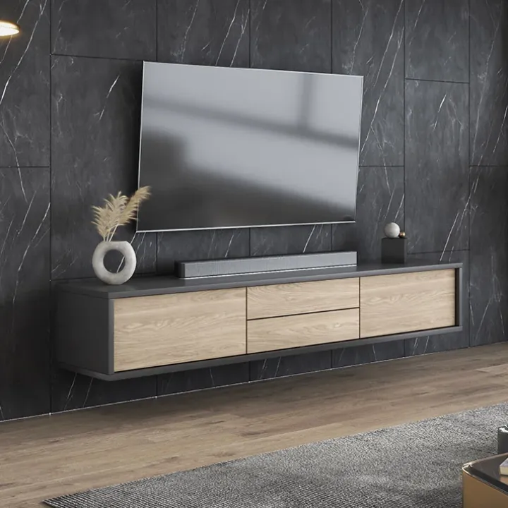Mobile TV soggiorno sospeso 180x32h cm 2 ante a ribalta 2 cassetti rovere grigio Glem