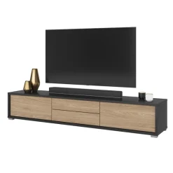 Mobile TV soggiorno sospeso 180x32h cm 2 ante a ribalta 2 cassetti rovere grigio Glem