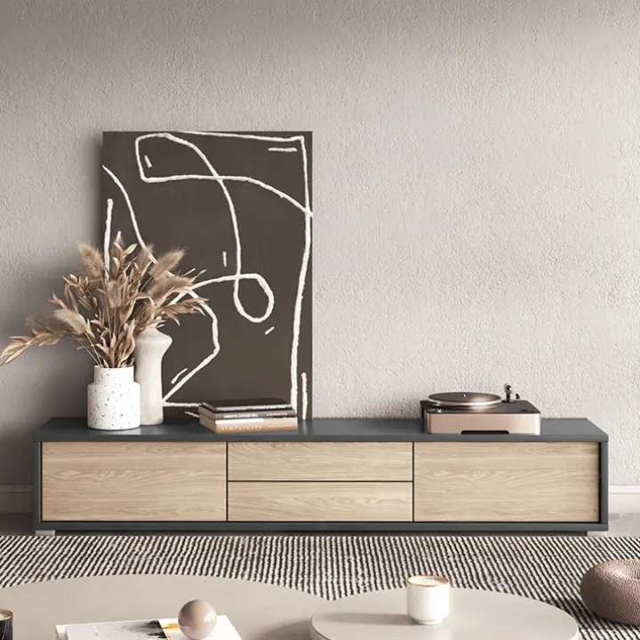 Mobile TV soggiorno sospeso 180x32h cm 2 ante a ribalta 2 cassetti rovere grigio Glem
