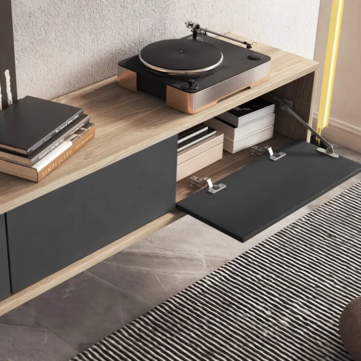 Mobile TV soggiorno sospeso 180x32h cm 3 ante a ribalta antracite rovere Glem