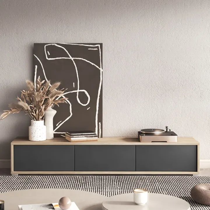Mobile TV soggiorno sospeso 180x32h cm 3 ante a ribalta antracite rovere Glem