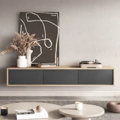 Mobile TV soggiorno sospeso 180x32h cm 3 ante a ribalta antracite rovere Glem