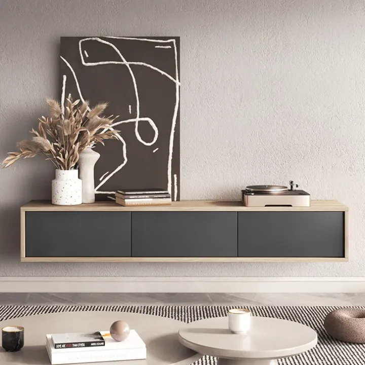 Mobile TV soggiorno sospeso 180x32h cm 3 ante a ribalta antracite rovere Glem
