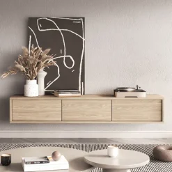 Mobile TV soggiorno sospeso 180x32h cm 3 ante a ribalta rovere Glem