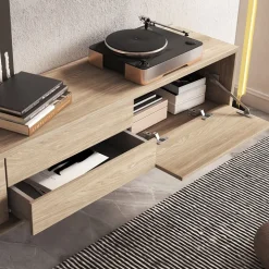 Mobile TV soggiorno sospeso 180x32h cm 2 ante a ribalta 2 cassetti rovere Glem