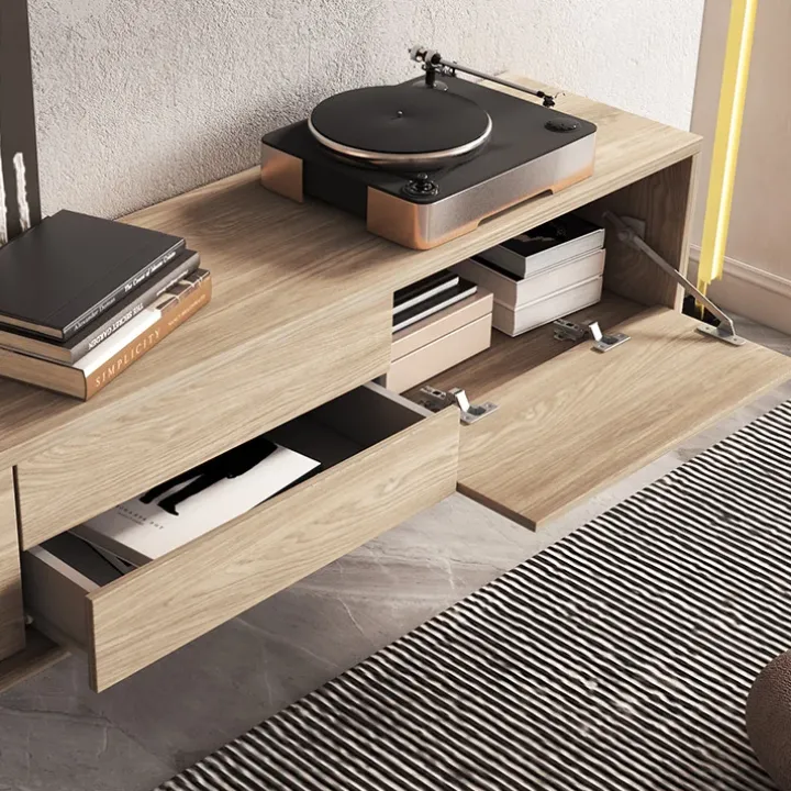 Mobile TV soggiorno sospeso 180x32h cm 2 ante a ribalta 2 cassetti rovere Glem