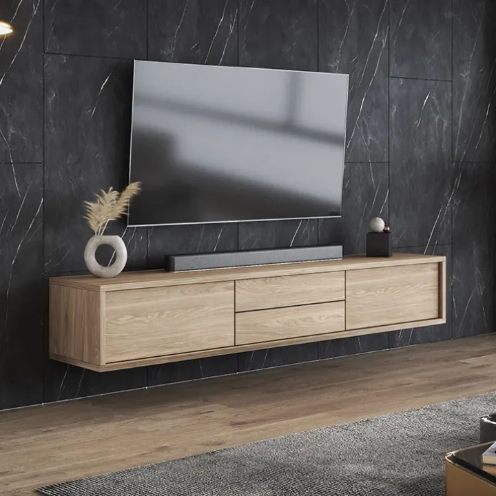 Mobile TV soggiorno sospeso 180x32h cm 2 ante a ribalta 2 cassetti rovere Glem