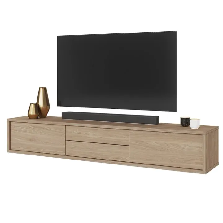 Mobile TV soggiorno sospeso 180x32h cm 2 ante a ribalta 2 cassetti rovere Glem