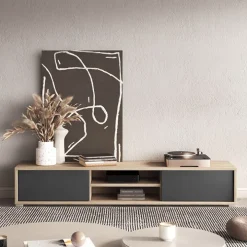 Mobile TV soggiorno sospeso 180x32h cm 2 ante a ribalta 2 vani antracite rovere Glem