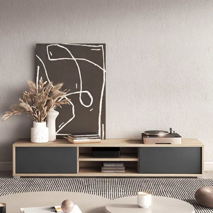Mobile TV soggiorno sospeso 180x32h cm 2 ante a ribalta 2 vani antracite rovere Glem