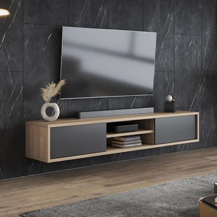 Mobile TV soggiorno sospeso 180x32h cm 2 ante a ribalta 2 vani antracite rovere Glem