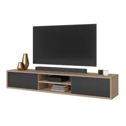 Mobile TV soggiorno sospeso 180x32h cm 2 ante a ribalta 2 vani antracite rovere Glem