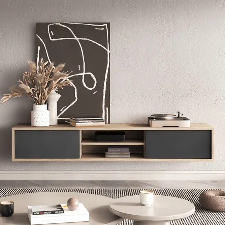 Mobile TV soggiorno sospeso 180x32h cm 2 ante a ribalta 2 vani antracite rovere Glem