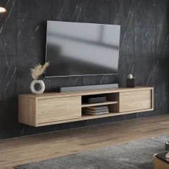 Mobile TV soggiorno sospeso 180x32h cm 2 ante a ribalta 2 vani rovere Glem