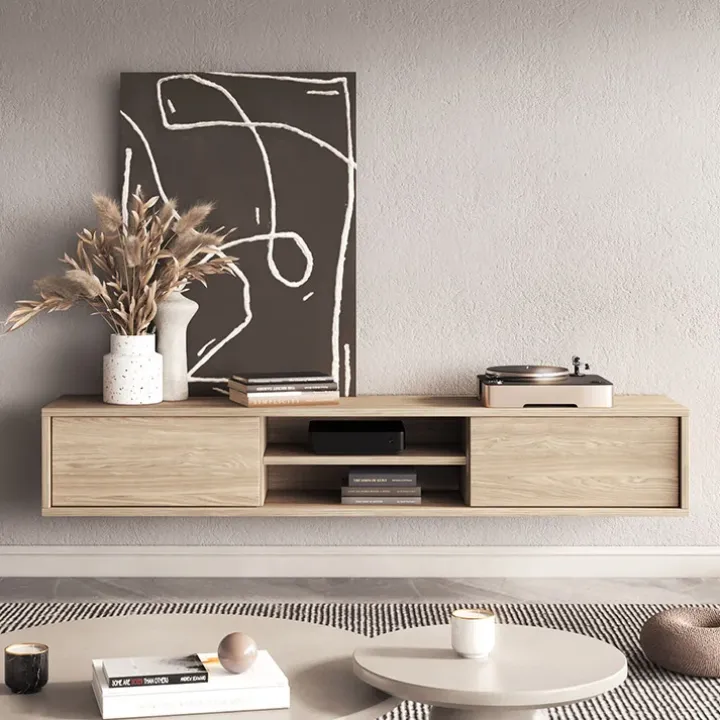 Mobile TV soggiorno sospeso 180x32h cm 2 ante a ribalta 2 vani rovere Glem