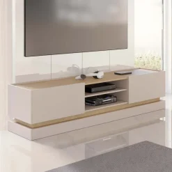 Mobile TV 200x47h cm 2 ante a ribalta 2 vani a vista beige rovere Rhea