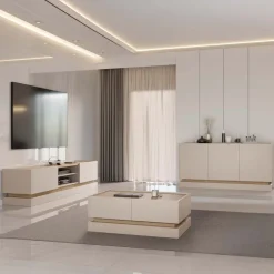 Mobile TV 200x47h cm 2 ante a ribalta 2 vani a vista beige rovere Rhea