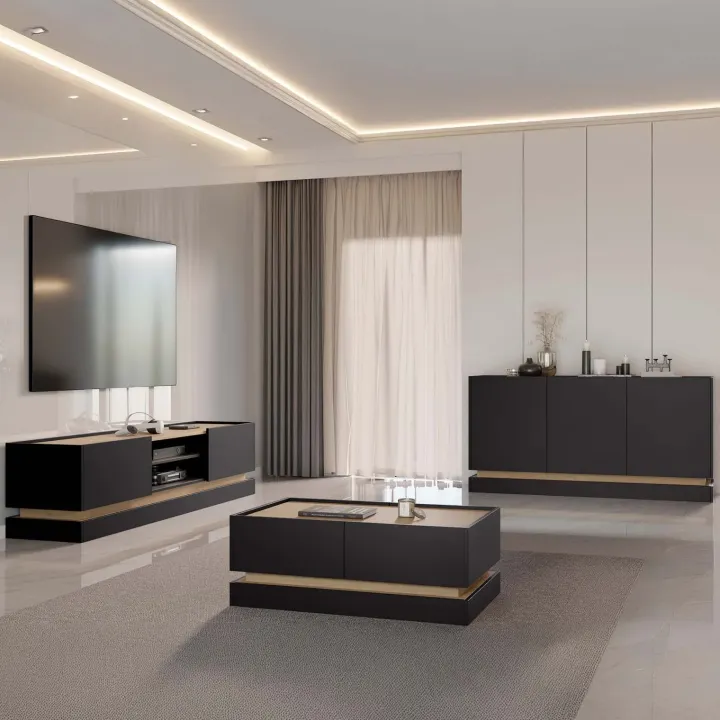 Mobile TV 200x47h cm 2 ante a ribalta 2 vani a vista nero rovere Rhea