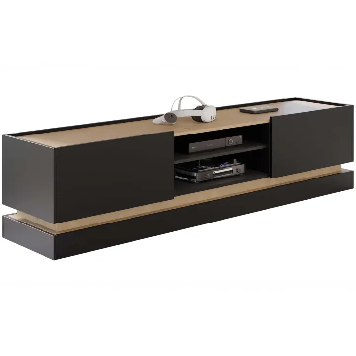 Mobile TV 200x47h cm 2 ante a ribalta 2 vani a vista nero rovere Rhea