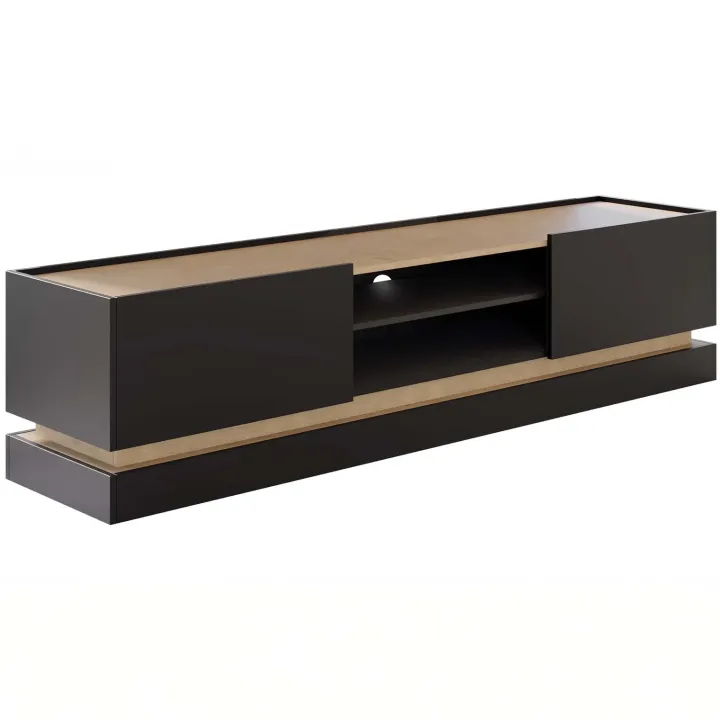 Mobile TV 200x47h cm 2 ante a ribalta 2 vani a vista nero rovere Rhea