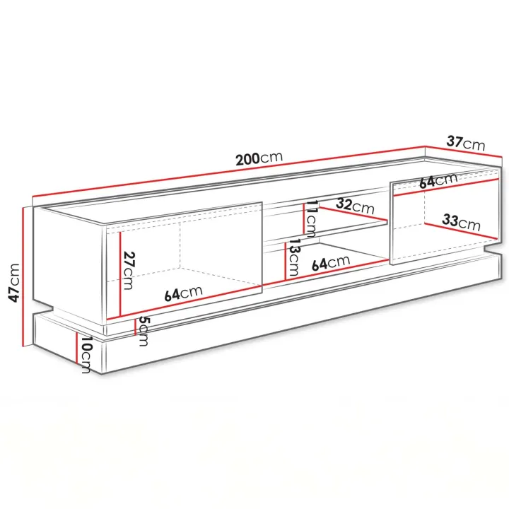 Mobile TV 200x47h cm 2 ante a ribalta 2 vani a vista nero rovere Rhea