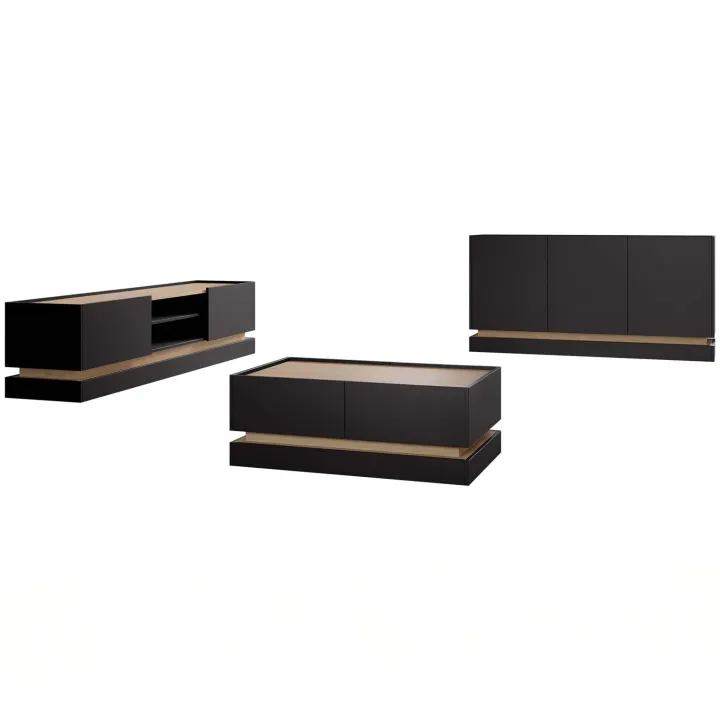 Mobile TV 200x47h cm 2 ante a ribalta 2 vani a vista nero rovere Rhea