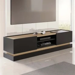 Mobile TV 200x47h cm 2 ante a ribalta 2 vani a vista nero rovere Rhea