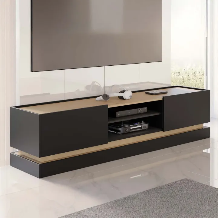 Mobile TV 200x47h cm 2 ante a ribalta 2 vani a vista nero rovere Rhea