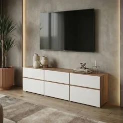 Mobile tv 180x49h cm 3 ante 3 cassetti bianco rovere Lolla