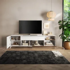 Mobile TV 241x67h cm 2 ante 1 cassetto bianco lucido rovere scuro Witty