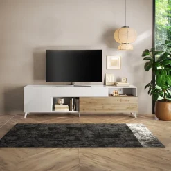 Mobile TV 241x67h cm 2 ante 1 cassetto bianco lucido rovere chiaro Witty