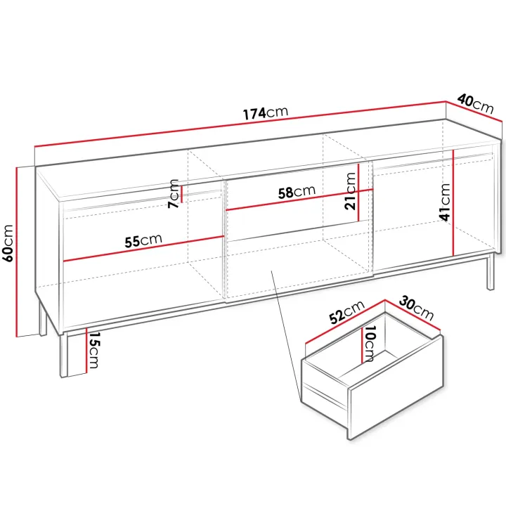 Mobile TV 174x60h cm 2 cassetti design cannettato nero Strike