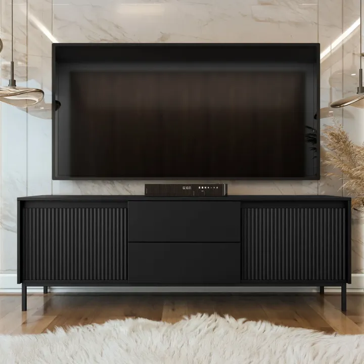 Mobile TV 174x60h cm 2 cassetti design cannettato nero Strike