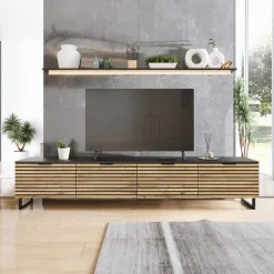 Mobile TV 200x40h cm design rustico cannettato rovere nero List