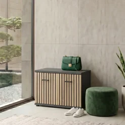 Modulo basso ingresso 2 ante 60x46h cm stampa a righe rovere rustico antracite California Gihome®