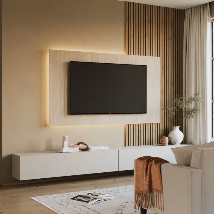 Pannello porta tv 180x100h cm effetto travertino Sunset