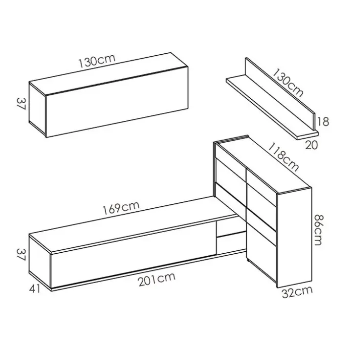 Parete attrezzata componibile 260x175h cm rovere bianco lucido Emily