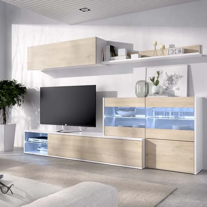 Parete attrezzata componibile 260x175h cm rovere bianco lucido Emily