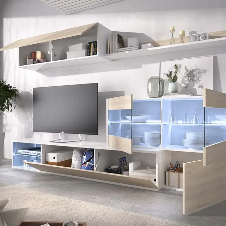 Parete attrezzata componibile 260x175h cm rovere bianco lucido Emily
