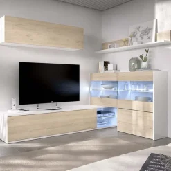 Parete attrezzata componibile 260x175h cm rovere bianco lucido Emily