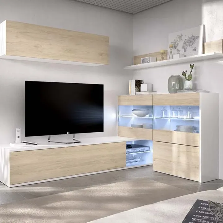 Parete attrezzata componibile 260x175h cm rovere bianco lucido Emily