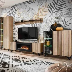 Parete attrezzata con biocamino 340x192h cm noce con stampa nera Mendes