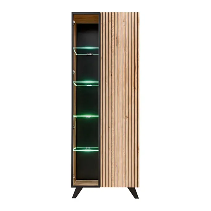 Parete attrezzata con biocamino 340x192h cm noce con stampa nera Mendes