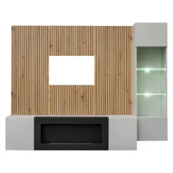 Parete attrezzata con biocamino 200x150h cm pannello effetto cannettato grigio perla rovere Luvox
